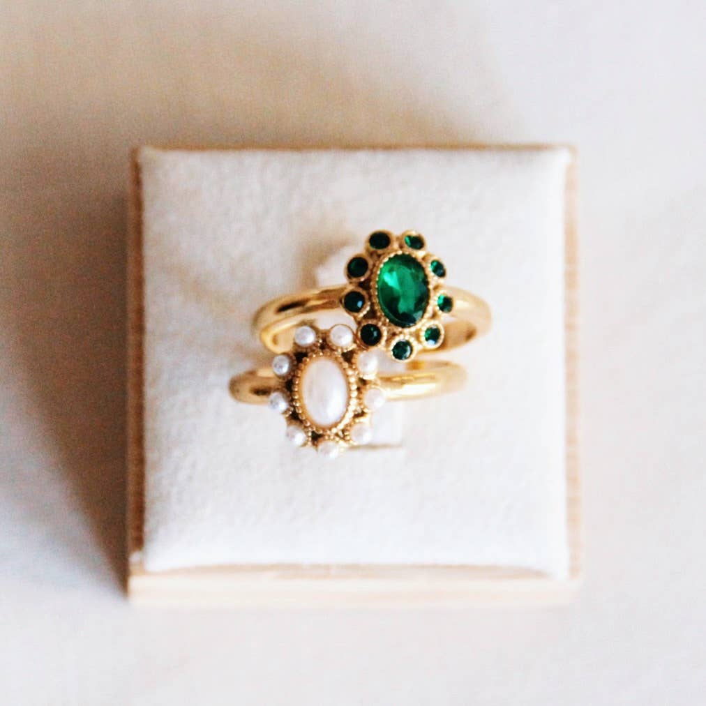 Vintage Edelstahlring mit Perlensteinen – goldfarben