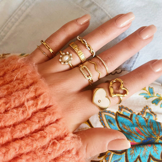 Vintage Edelstahlring mit Perlensteinen – goldfarben