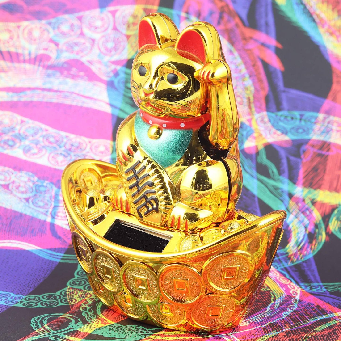 Glückskatze Maneki-neko Winkekatze Solar oval 10cm gold