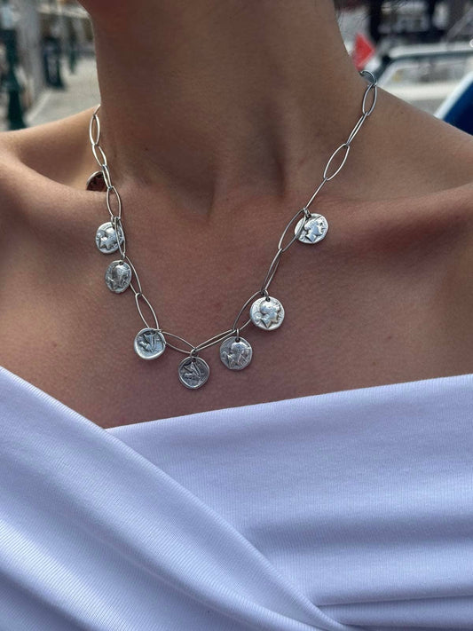 Halskette mit Silberscheiben, Vintage-Silberkette, Scheibenanhänger