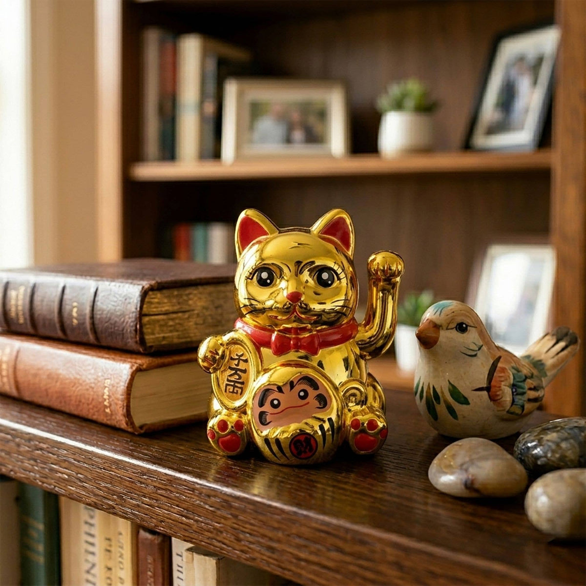 Glückskatze Mini Maneki-neko Schutz Schild gold Solar 5cm