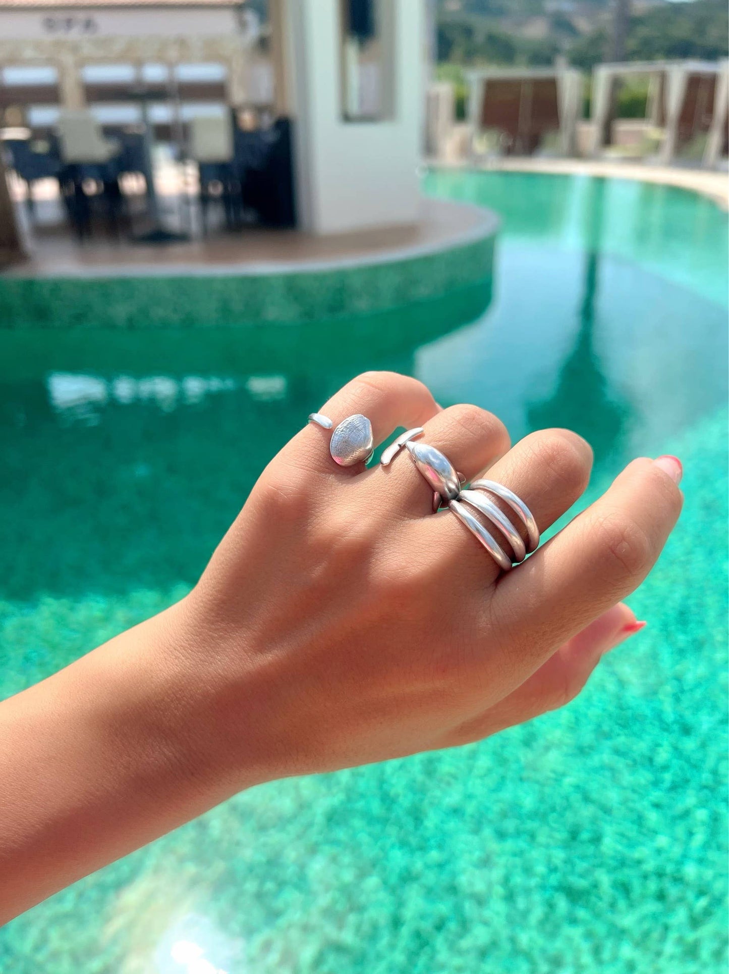 Silberring Damen, Dreifachring Silber, Sommerring, Delfin: Muschel-Ring