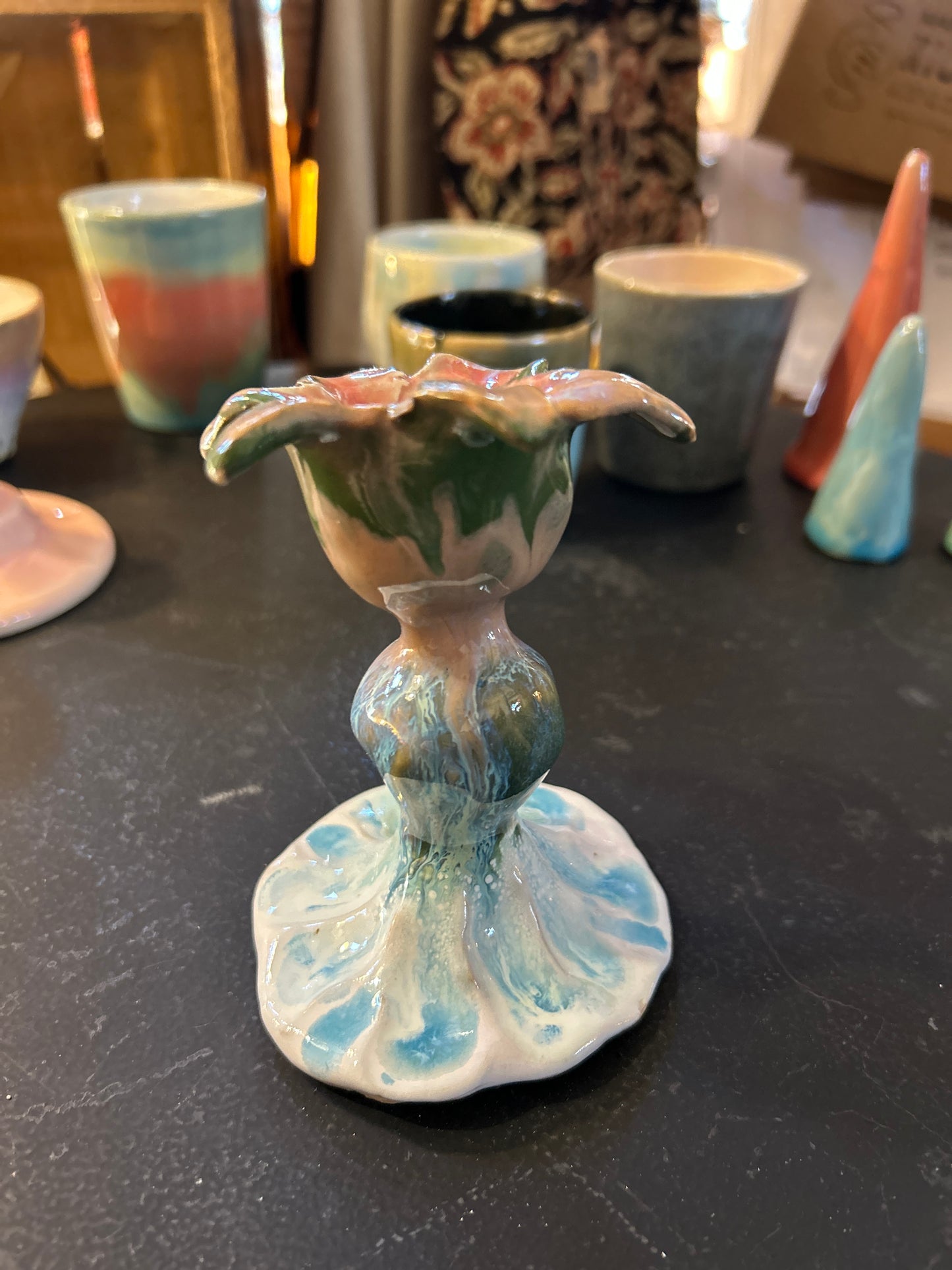 Floraler Kerzenständer glasiert - Handgemachte Keramik von Johanna Reiner