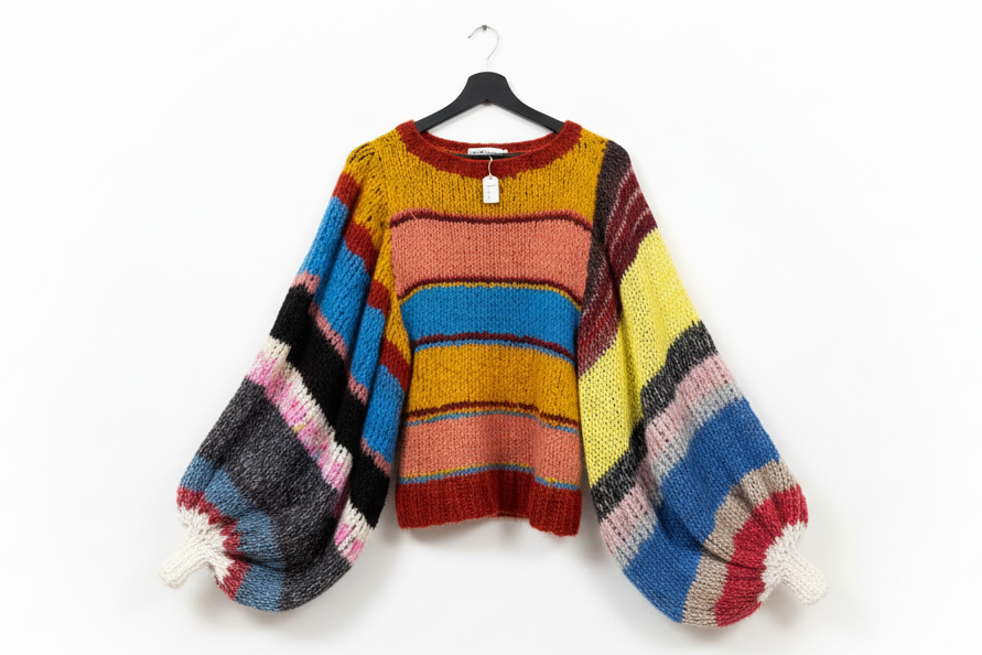 Handgestrickter farbiger Pullover mit Puffärmeln