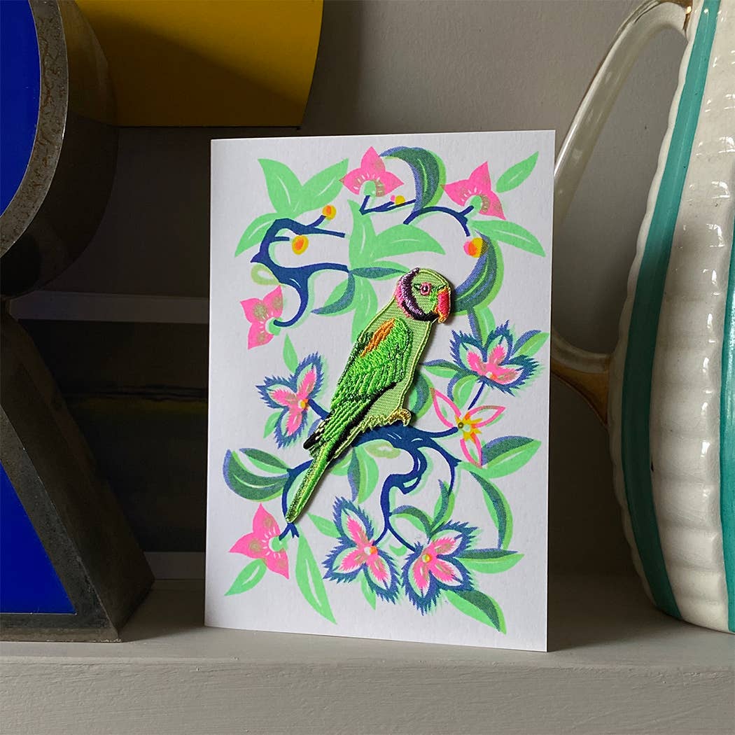 Grußkarte mit Bügelpatch – mit Papagei