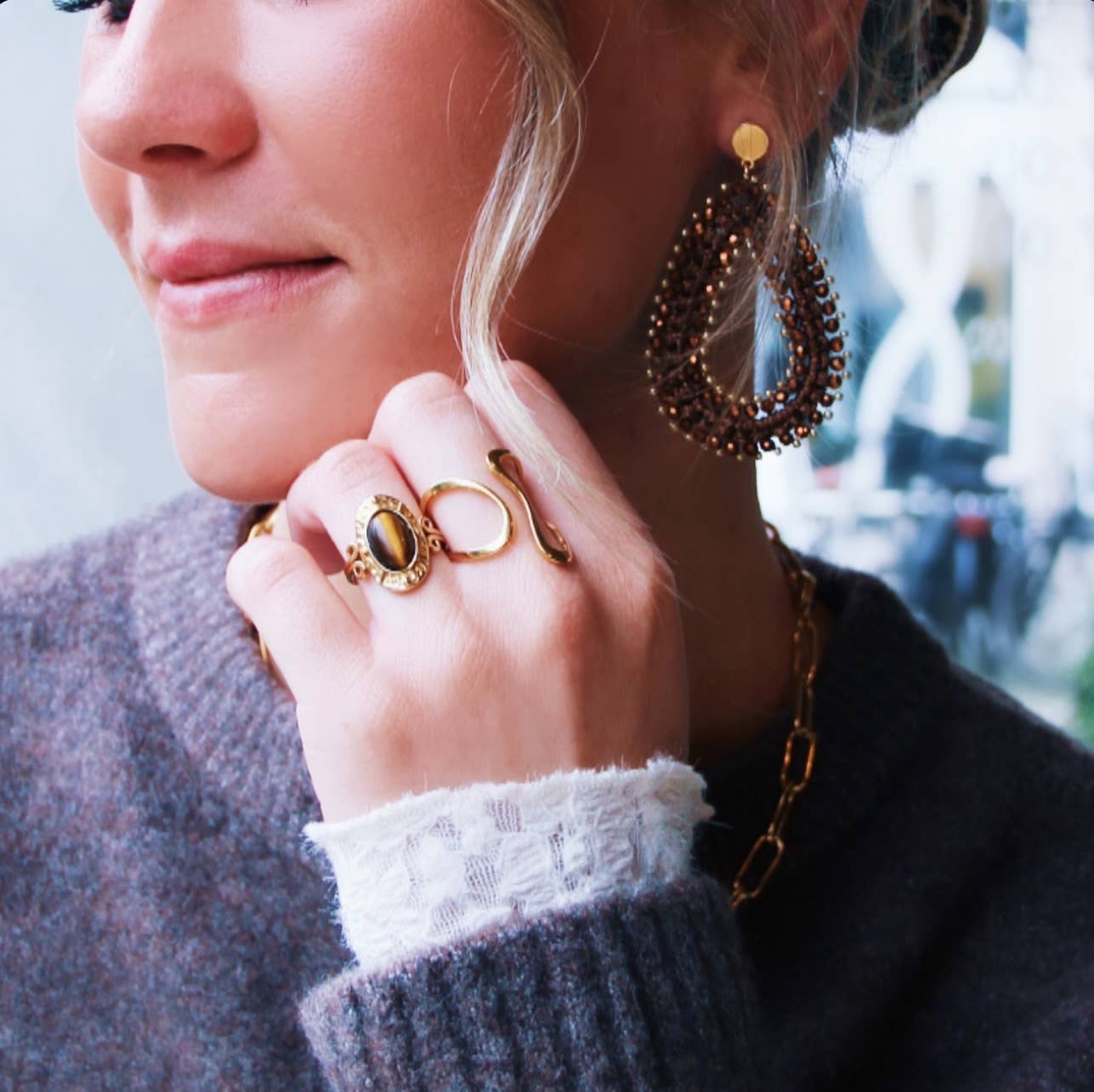 Statement-Ring mit ovalem Stein - braun