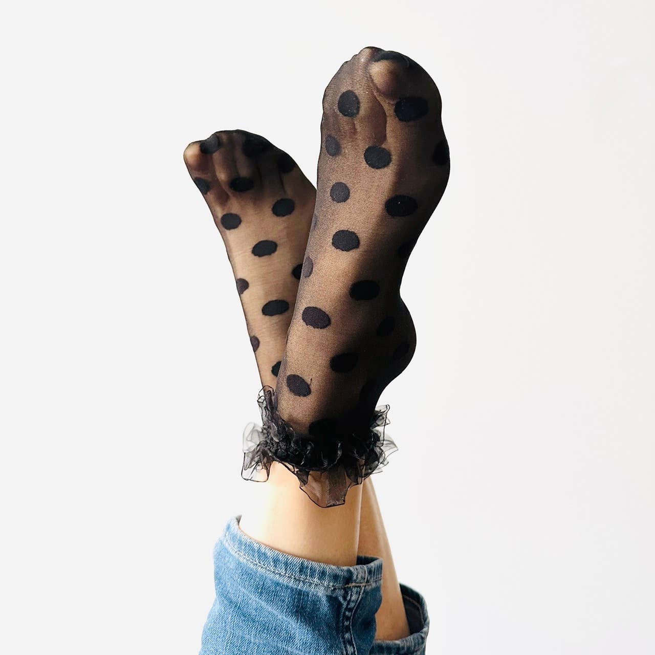 Serena schwarze gepunktete Socken - sexy Rüschen - Fantasie